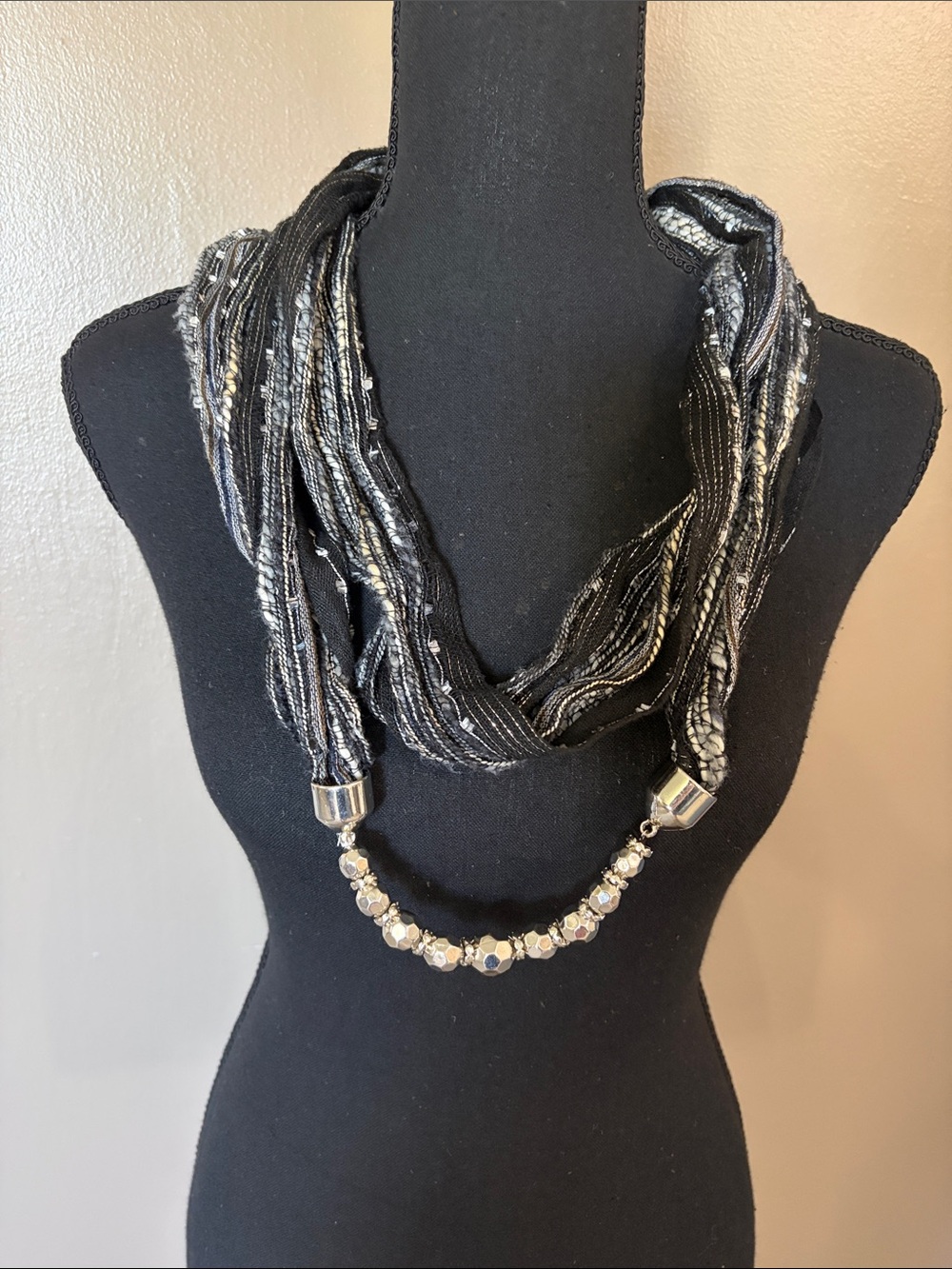 Black and Silver Beaded Necklace Scarf